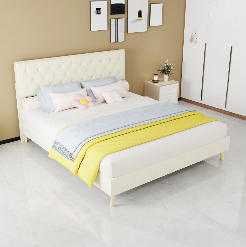 Letto matrimoniale beige in velluto 160 × 200 cm con materasso