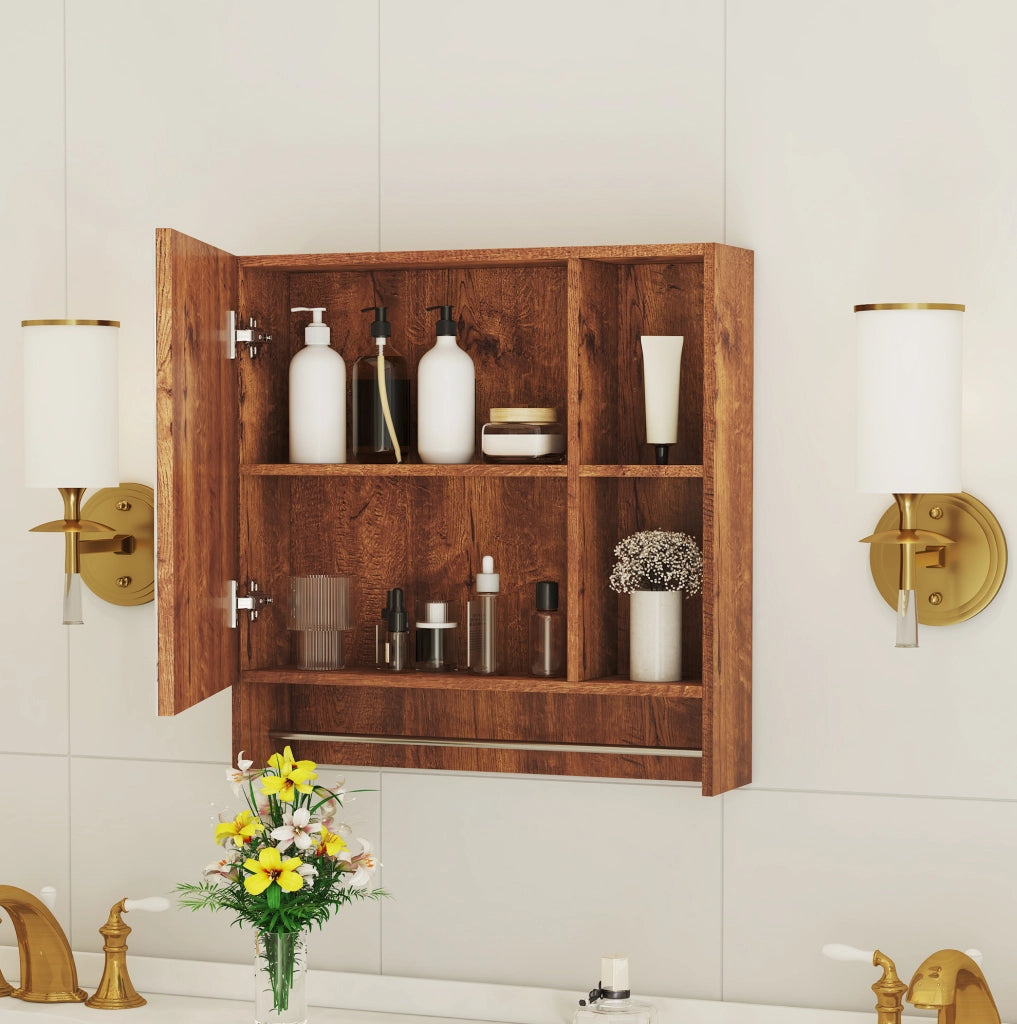Armadio bagno a parete color noce in MDF con specchio e ripiani aperti