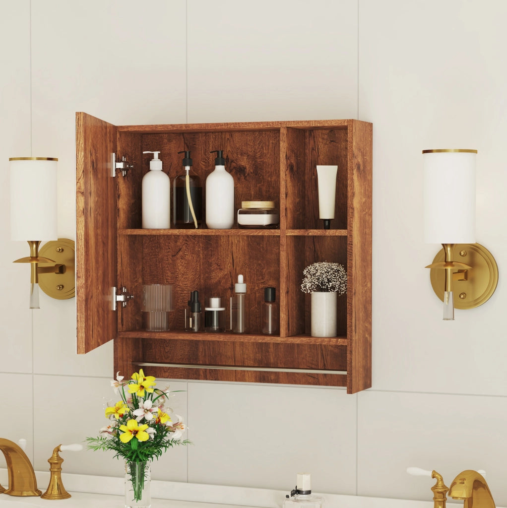 Armadio bagno a parete color noce in MDF con specchio e ripiani aperti