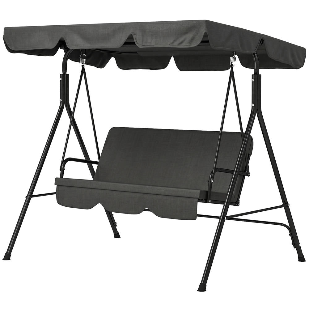Dondolo da Giardino 3 Posti con Tettuccio Parasole Inclinabile, Struttura in Acciaio, Nero, 172 cm x 110 cm x 153 cm