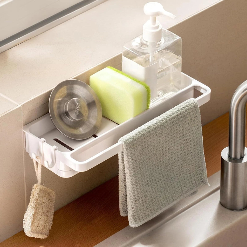 Set di 2 organizer per il lavello, adesivi, con scolapiatti e 4 ganci