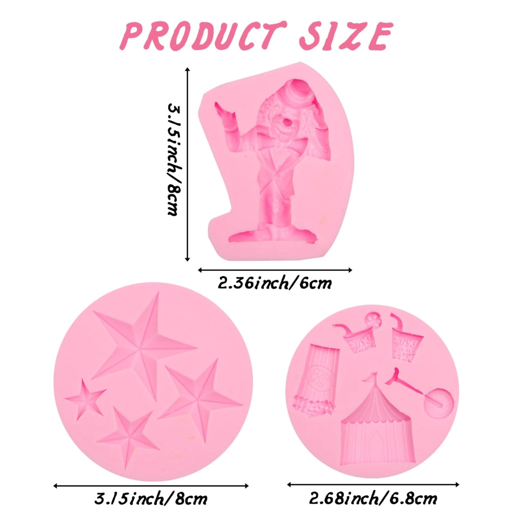 Stampi in silicone a tema circo: clown, stella. Set da 3 pezzi, ideali per decorare torte e dolci con fondant