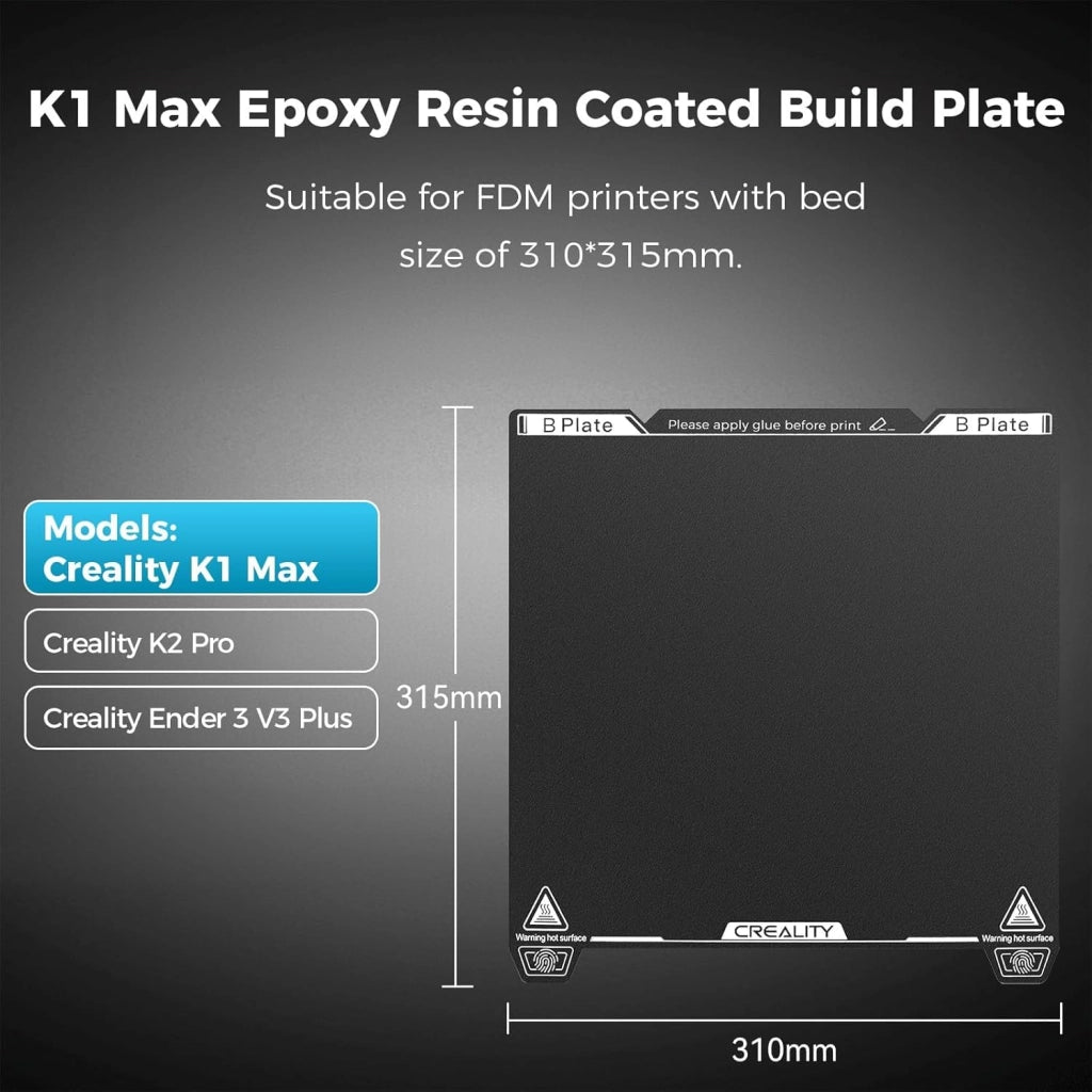 Supporto stampabile di dimensioni 315x310 mm, realizzato in resina epossidica, acciaio elastico, con magnete, compatibile con K1 Max