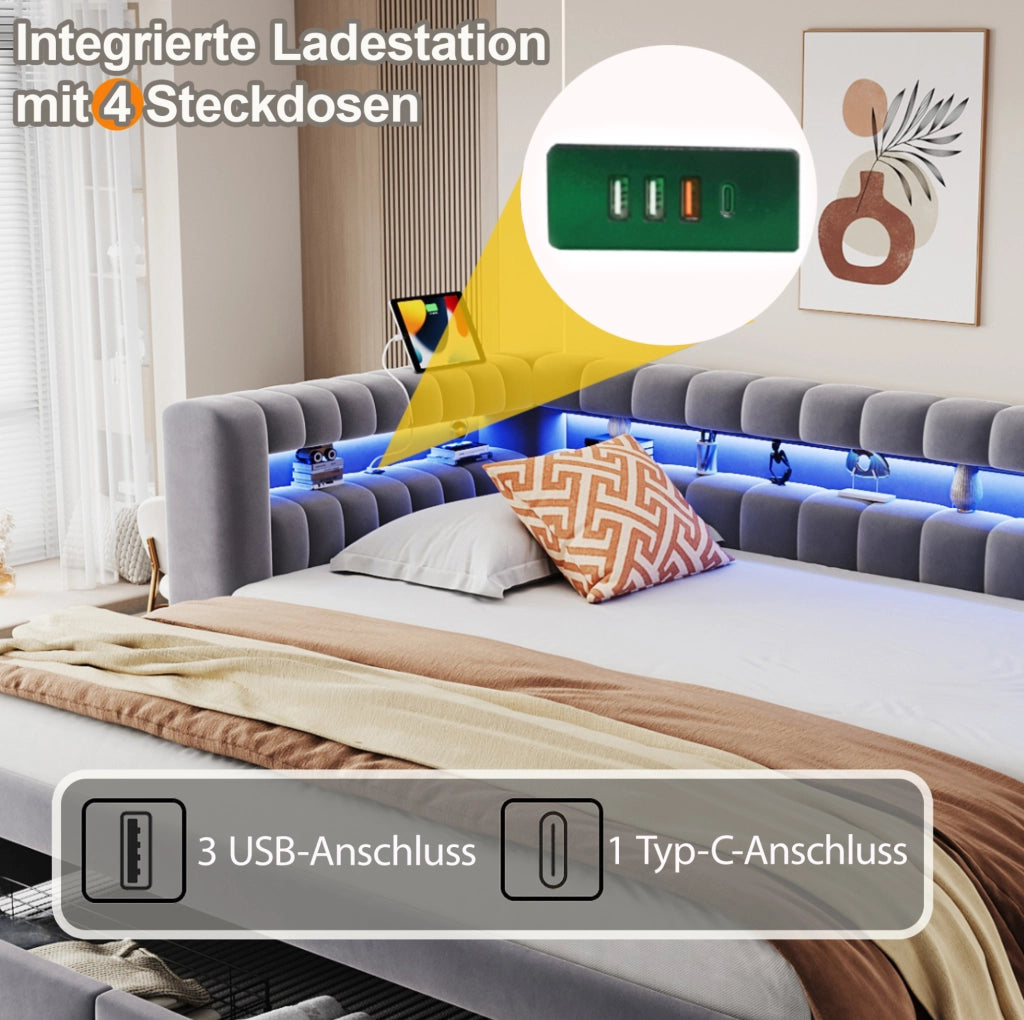 Divano letto estraibile in velluto grigio con cassetti e luci