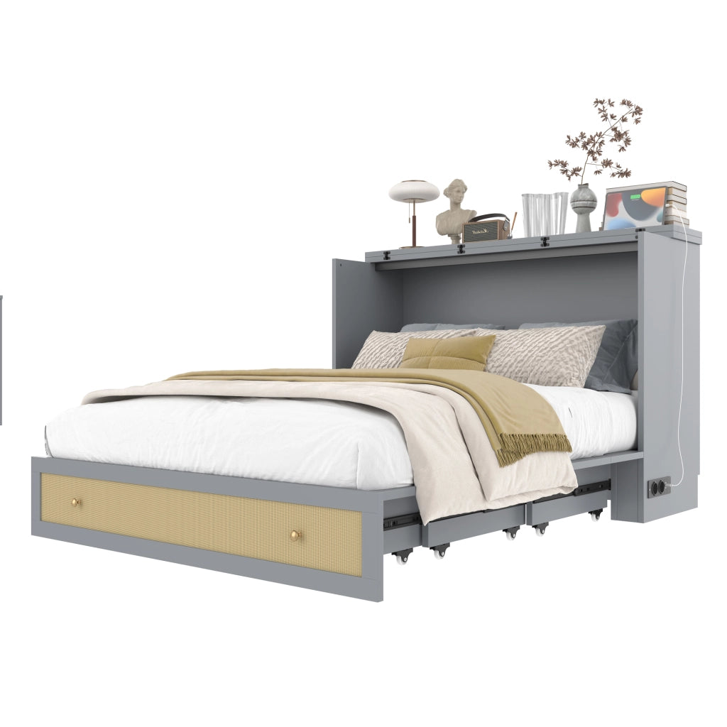 Letto a scomparsa 140 × 200 cm trasformabile in armadio con cassetto; ripiano; USB e presa in MDF grigio