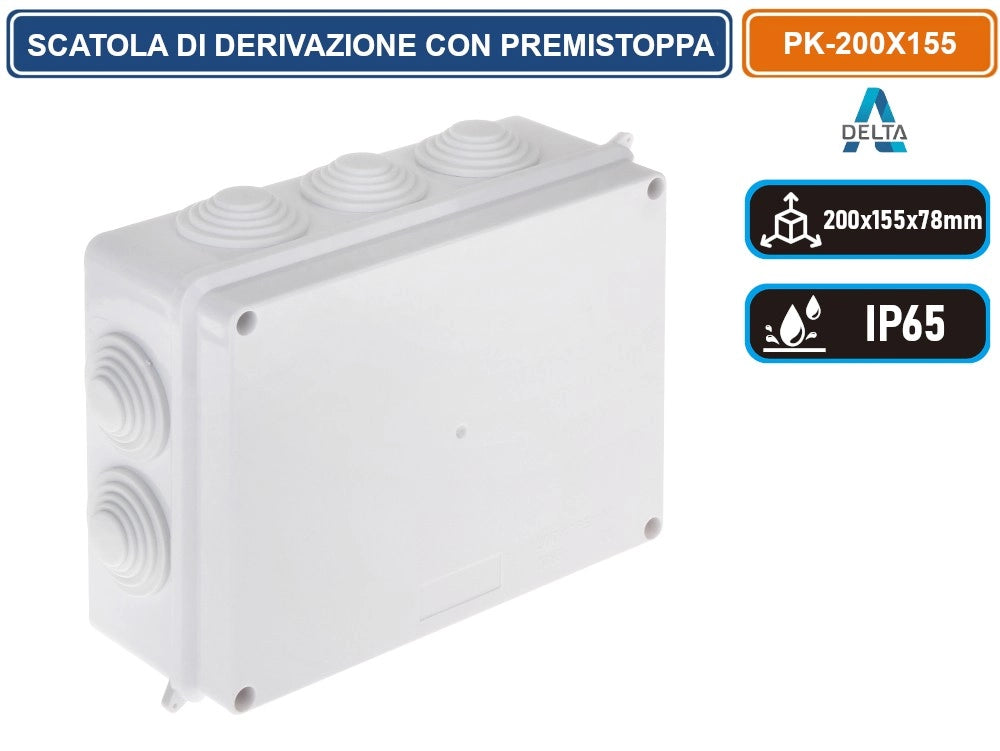 SCATOLA STAGNA DI DERIVAZIONE CON COPERCHIO CON VITI IN METALLO QUADRATA 200X155X78MM CON 10 PASSACAVI Ø 32 mm IP65