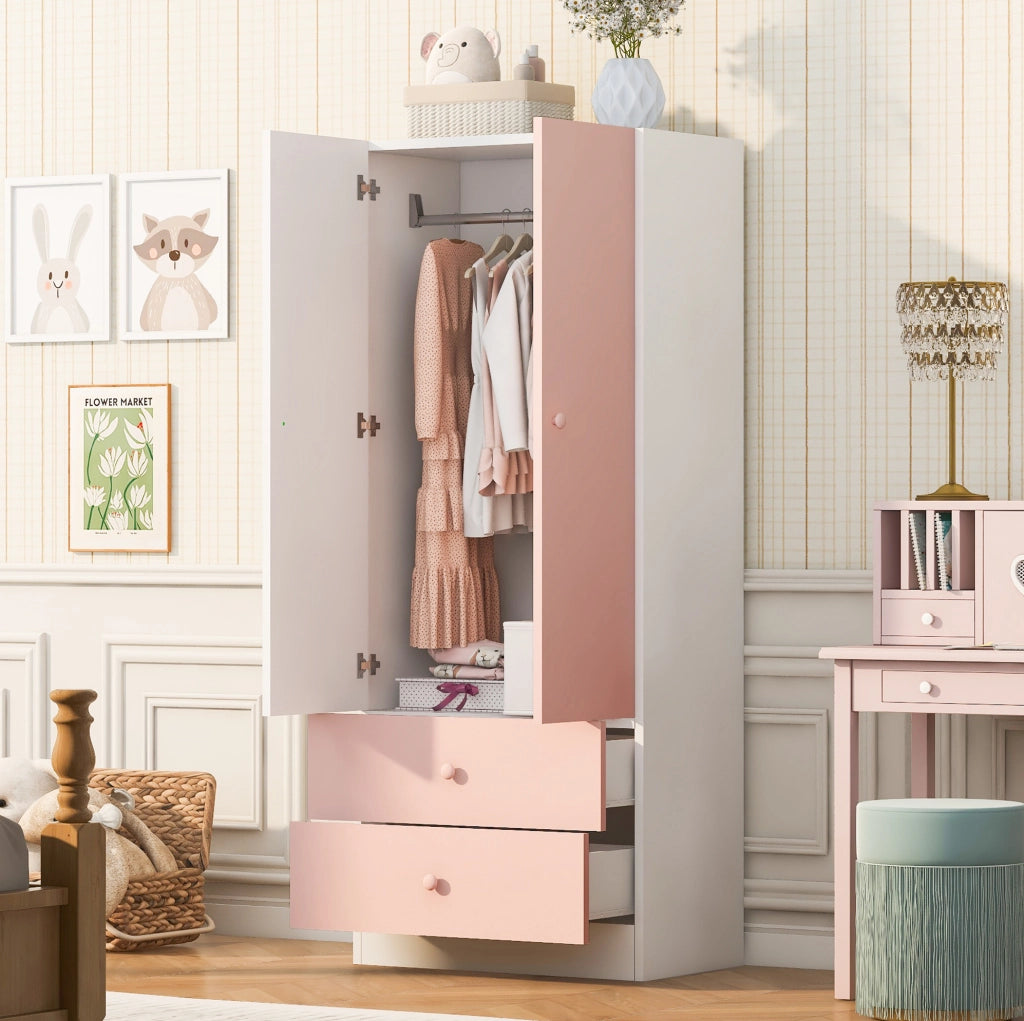 Armadio rosa e bianco 70 x 40 x 170 cm con 2 cassetti