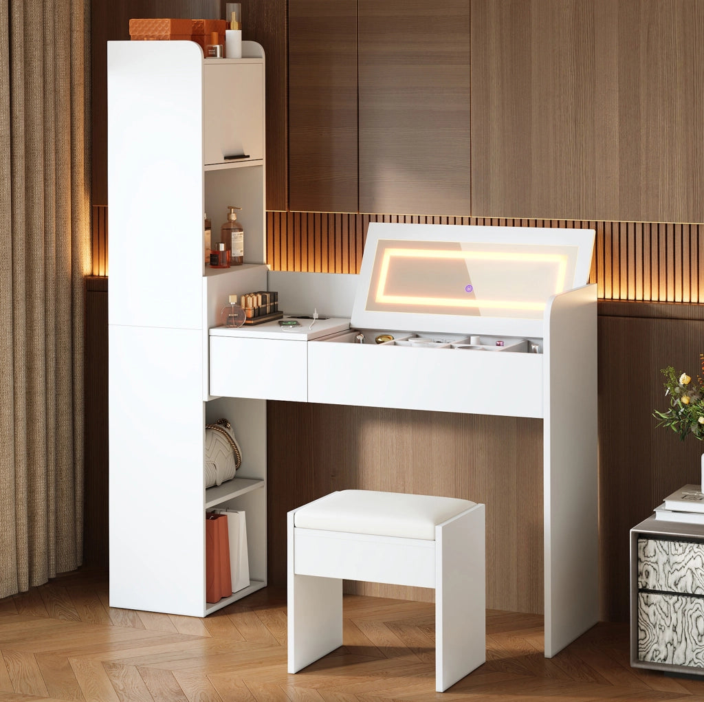 Toeletta bianca con specchio luminoso, ricarica USB e sgabello