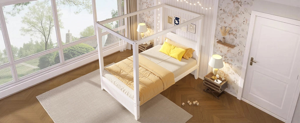 Letto a baldacchino in legno 90x200 cm bianco con cornice decorativa e doghe verticali