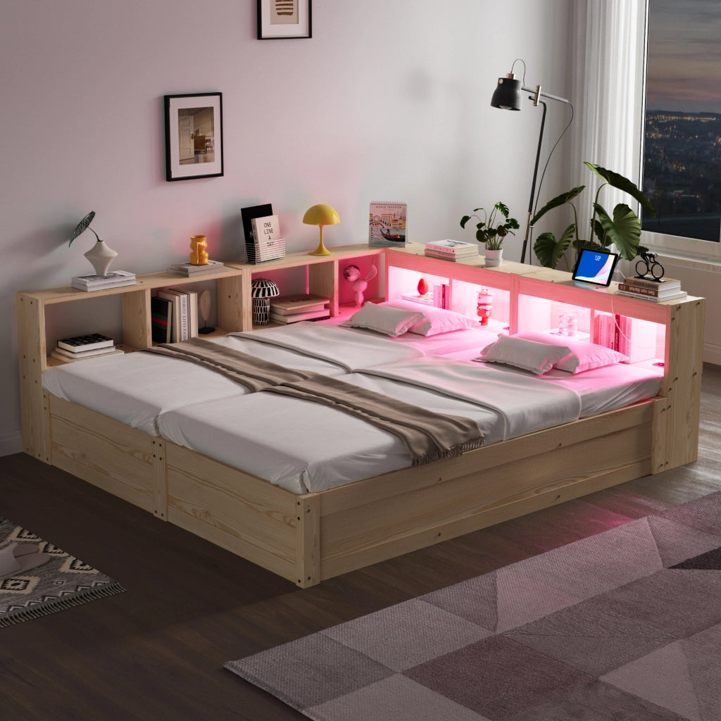 Letto matrimoniale multifunzionale con vano contenitore idraulico LED e prese integrate in legno naturale