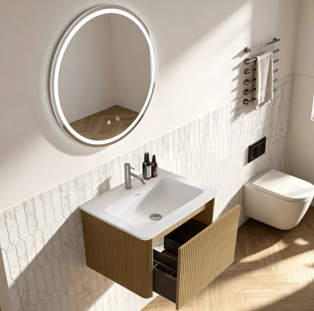 Mobile bagno sospeso 60 cm con lavabo integrato in materiale sintetico e specchio LED rotondo regolabile, finitura noce