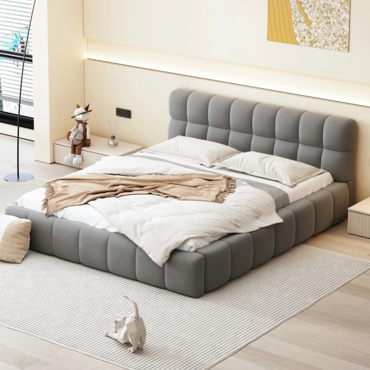Letto Bubble 140x200 cm; Letto Matrimoniale Imbottito; Struttura Letto con Testiera e Rete a doghe; Letto Moderno; Senza Materasso; Lino Grigio