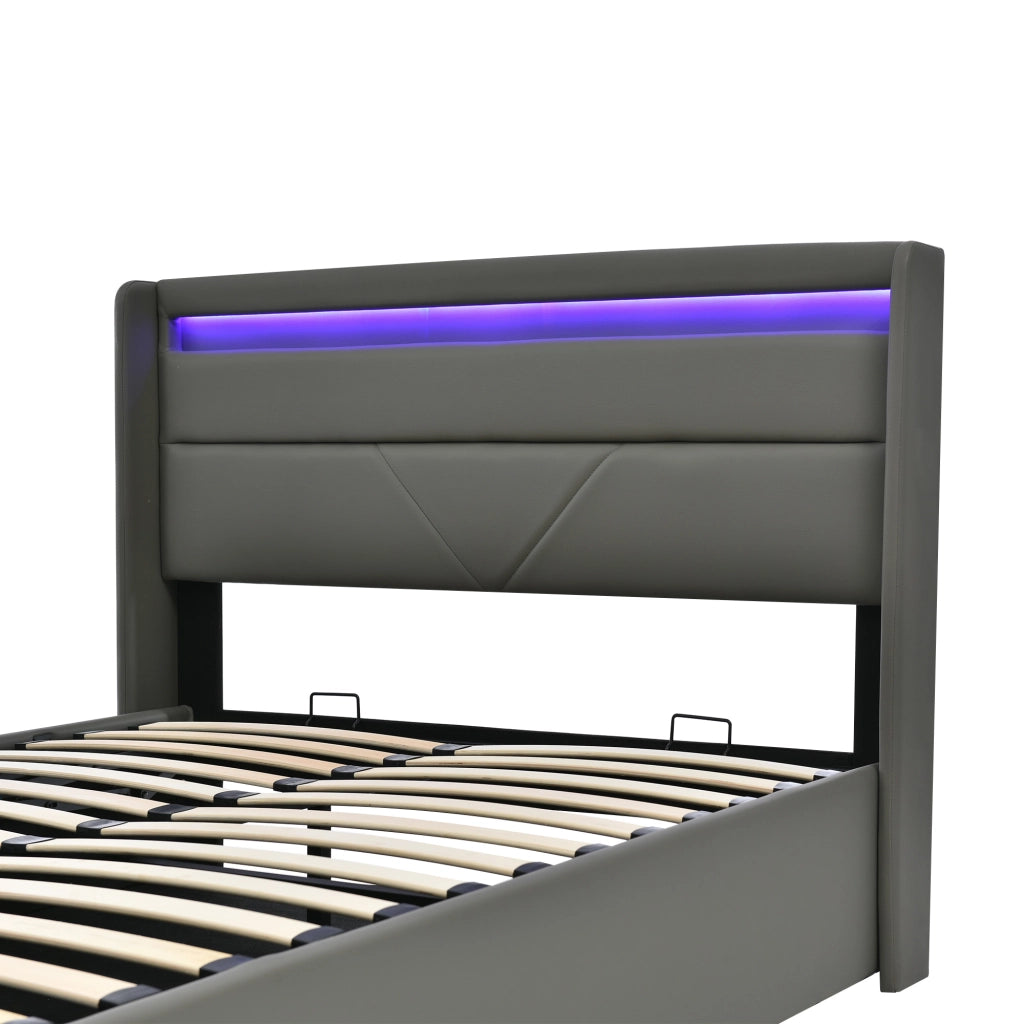 Letto matrimoniale contenitore 140 × 200 cm imbottito in PU grigio con LED rete a doghe e sollevamento idraulico