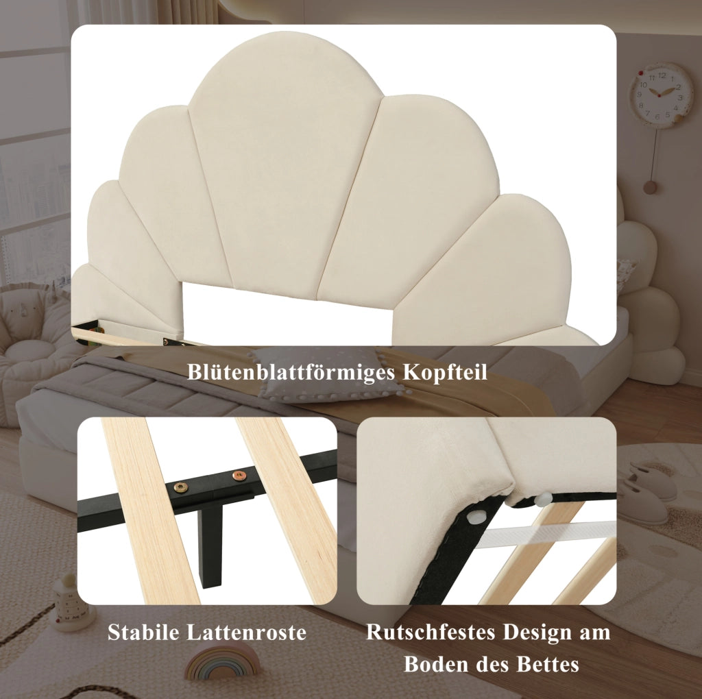 Letto imbottito 140x200 beige in velluto con testiera floreale e materasso