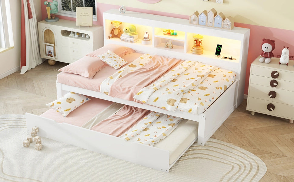 Letto singolo estraibile 90 × 200 cm con luci led prese usb vano laterale in pannello truciolare e MDF bianco