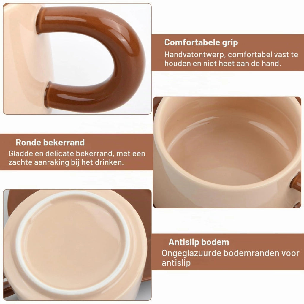 Set di tazze da caffè con piattini, capacità 220 ml, in Vetroceramica, color marrone scuro