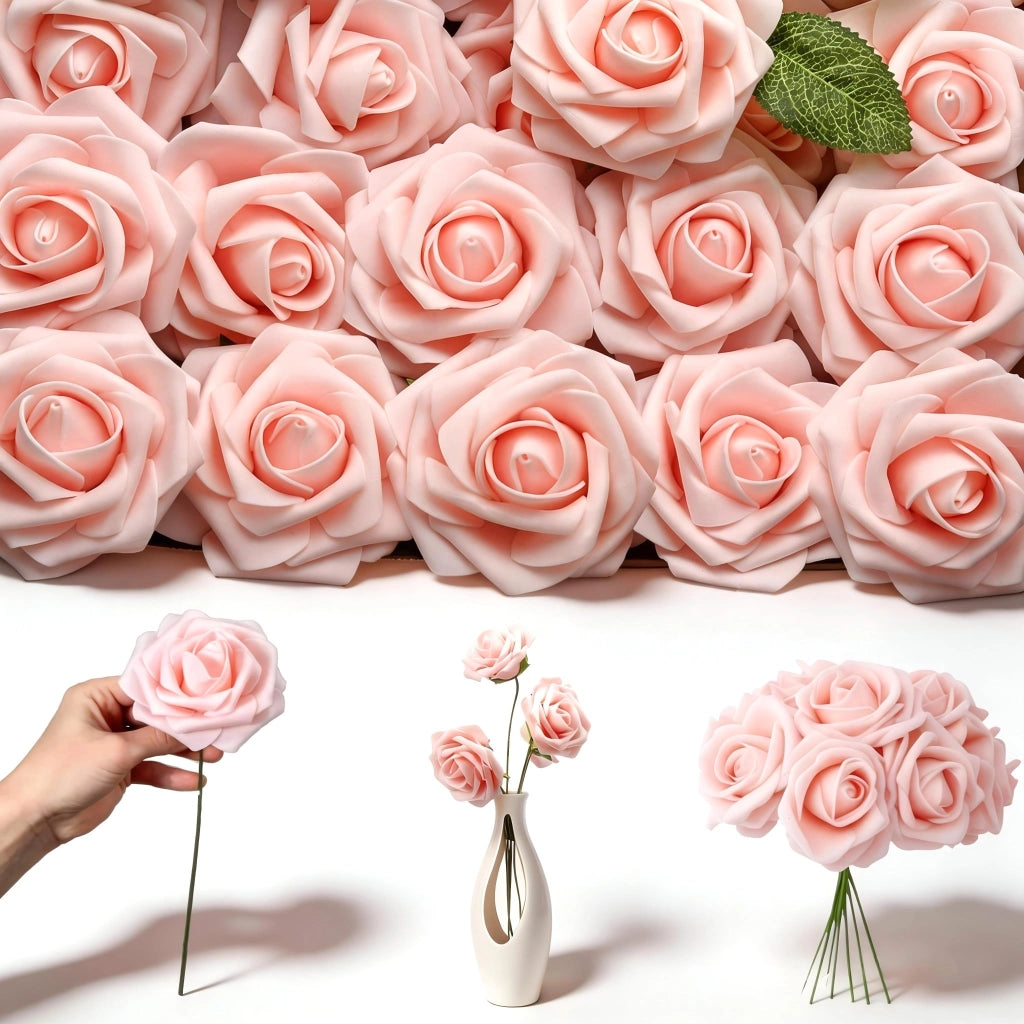 25 rose artificiali, color champagne, realizzate in schiuma PE, complete di steli