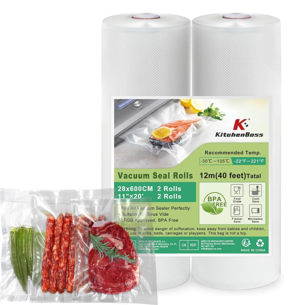 Rotoli di pellicola per confezionamento sottovuoto, confezione da 2, dimensioni 28 cm x 600 cm, senza BPA