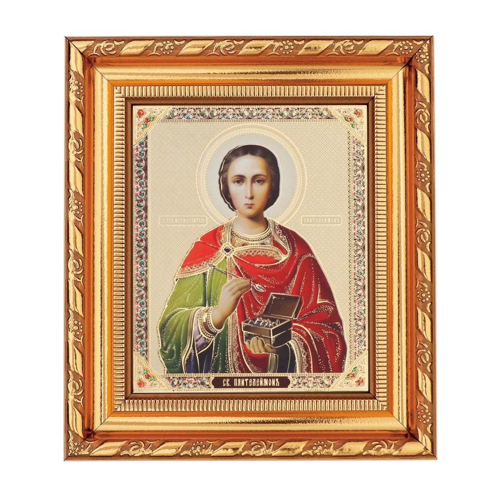 Icona di San Pantaleone con cornice in vetro, 14x16 cm