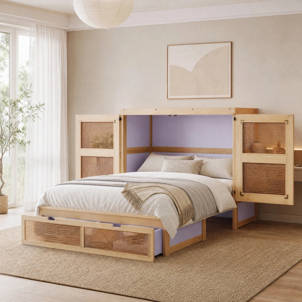 Letto a scomparsa verticale 140 × 200 cm con rete a doghe e cassetti in legno color naturale rattan