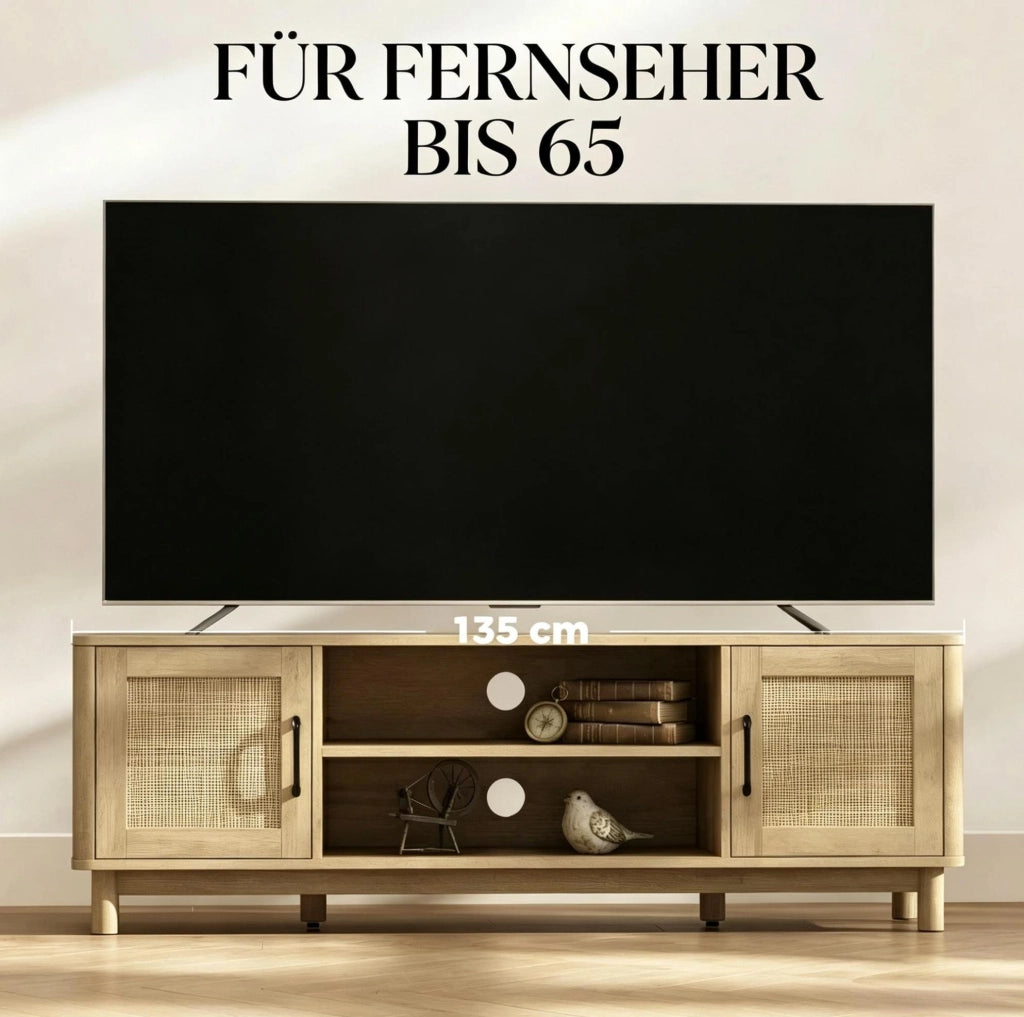 Mobile TV in truciolato con rattan e doppie ante, 135 cm, colore rovere, per TV fino a 65 pollici
