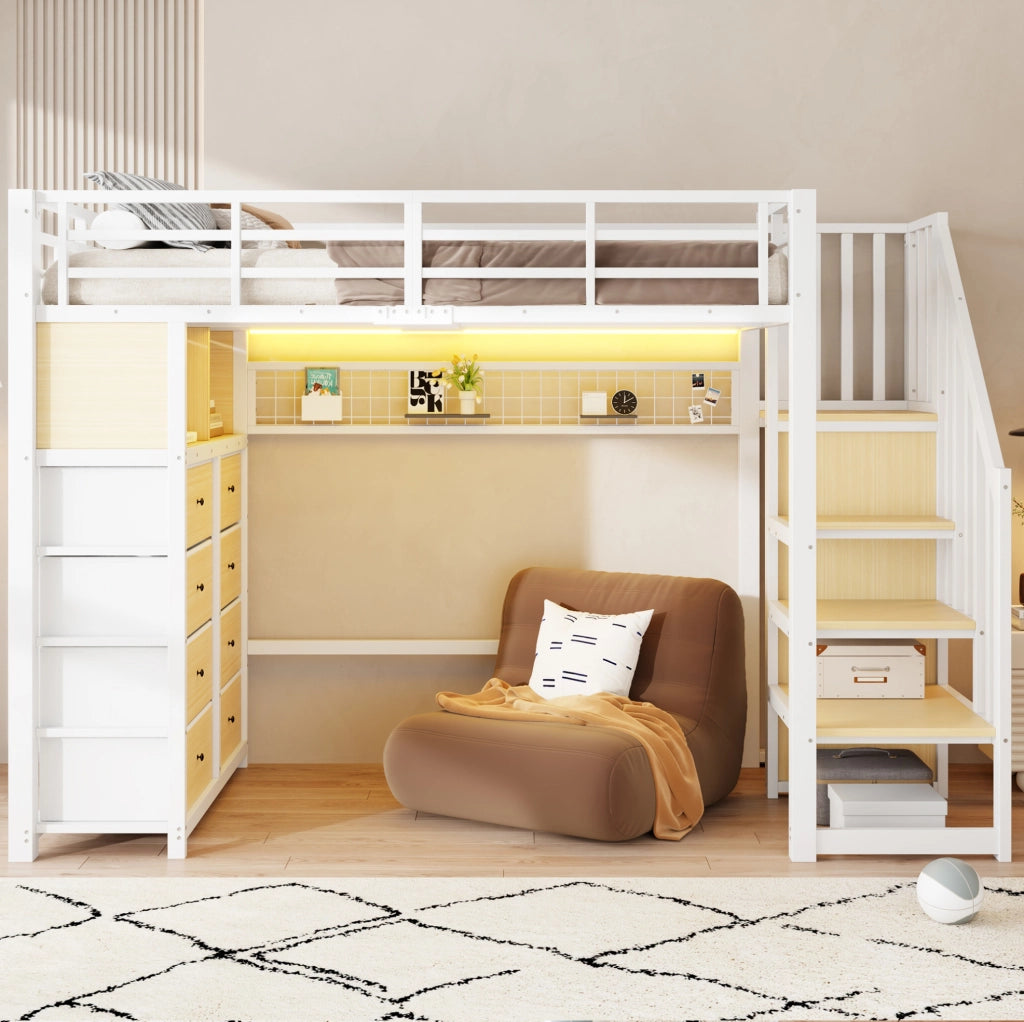 Letto a soppalco bianco 90 x 200 cm con 8 cassetti, scaffali e illuminazione