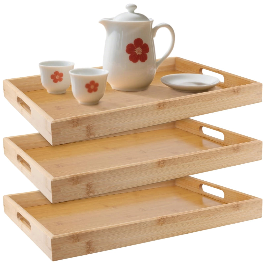 3 vassoi in bambù con maniglie, dimensioni 41x29x5 cm, forma rettangolare