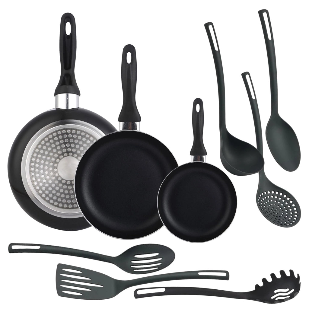 Set di pentole da cucina, 3 pezzi, diametro 16/20/24 cm, in alluminio, colore nero + 6 utensili da cucina