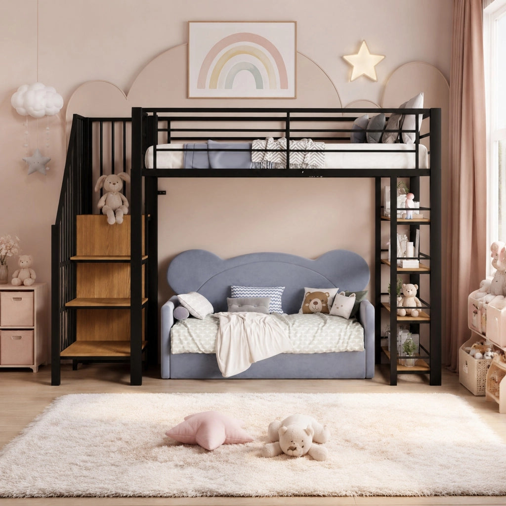 Letto a soppalco singolo 90 × 200 cm con scala contenitore guardaroba ripiani in metallo nero per bambini