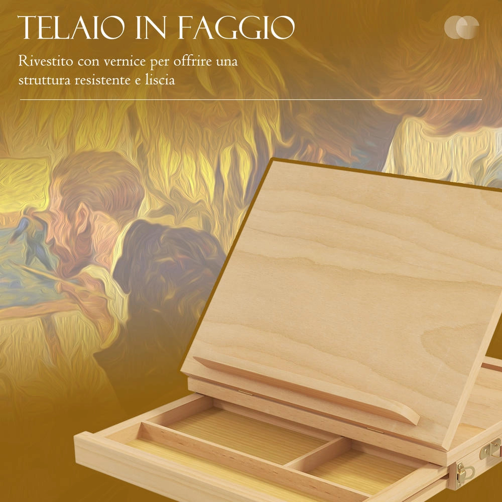 Cavalletto per pittura pieghevole da tavolo in legno di faggio con cassetto e angolazione regolabile 33.5x26x26 cm