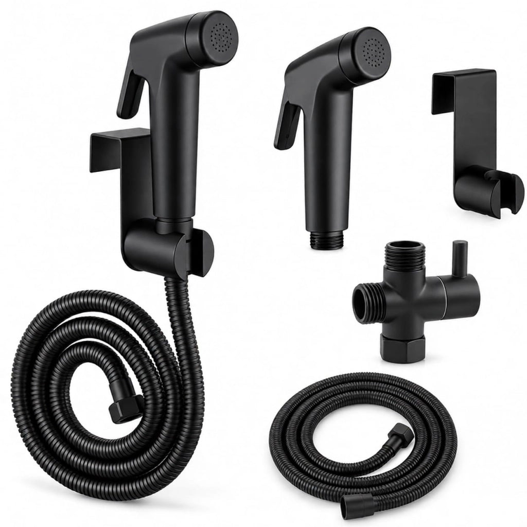 Set di pistola a spruzzo nera con convertitore d'acqua da 1/2, tubo flessibile e bidet per montaggio WC