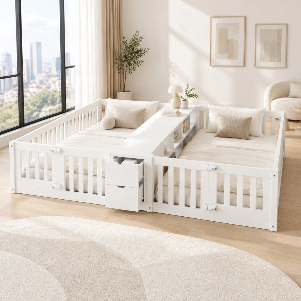 Letto doppio bambini 2x90x200 bianco con cassetti, ripiani e 2 materassi