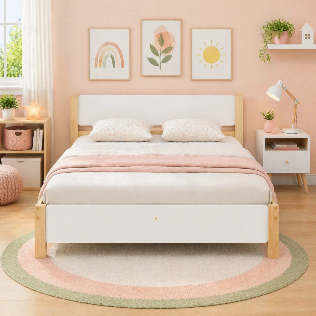 Letto matrimoniale 140x200 cm in legno di pino e MDF con 15 doghe; bianco e naturale