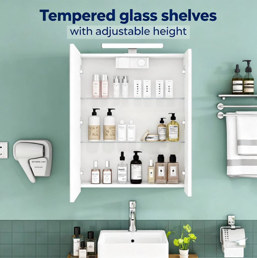 Mobile da bagno 60 cm bianco con specchio, porte asimmetriche, illuminazione LED e presa francese integrata