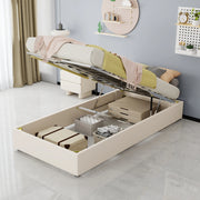 Letto singolo 90x200 cm con contenitore a sollevamento pneumatico; tessuto beige e metallo