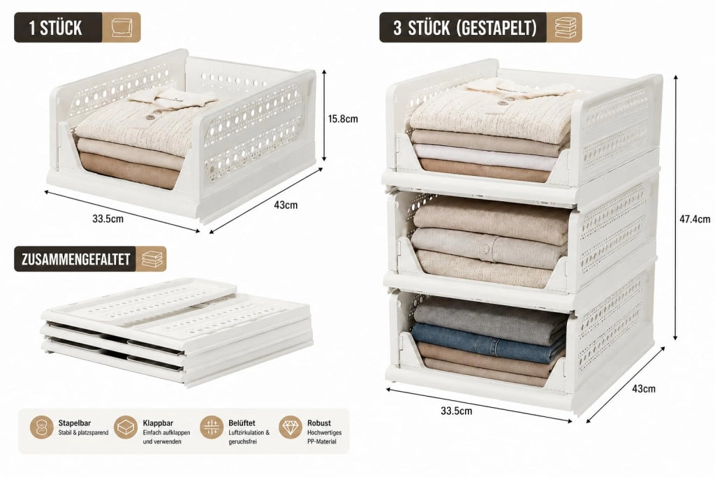 Set di 3 organizer impilabili per armadi, in plastica, colore bianco