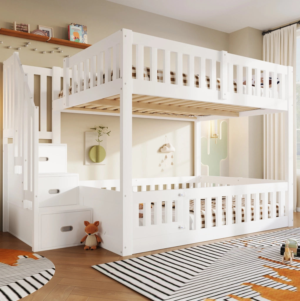 Letto a castello 140x200 cm in legno massello con scala e spazio contenitivo, bianco