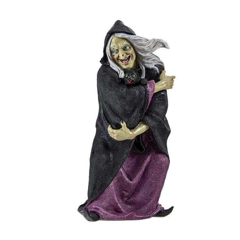 Statuetta di strega con tunica e abito viola in resina, dipinta a mano, 7 x 5 x 27 cm