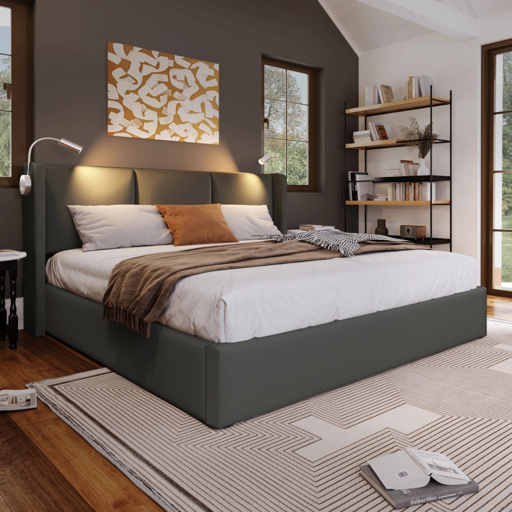 Letto matrimoniale 180x200 cm contenitore con apertura idraulica, ecopelle PU grigia e lampade da lettura