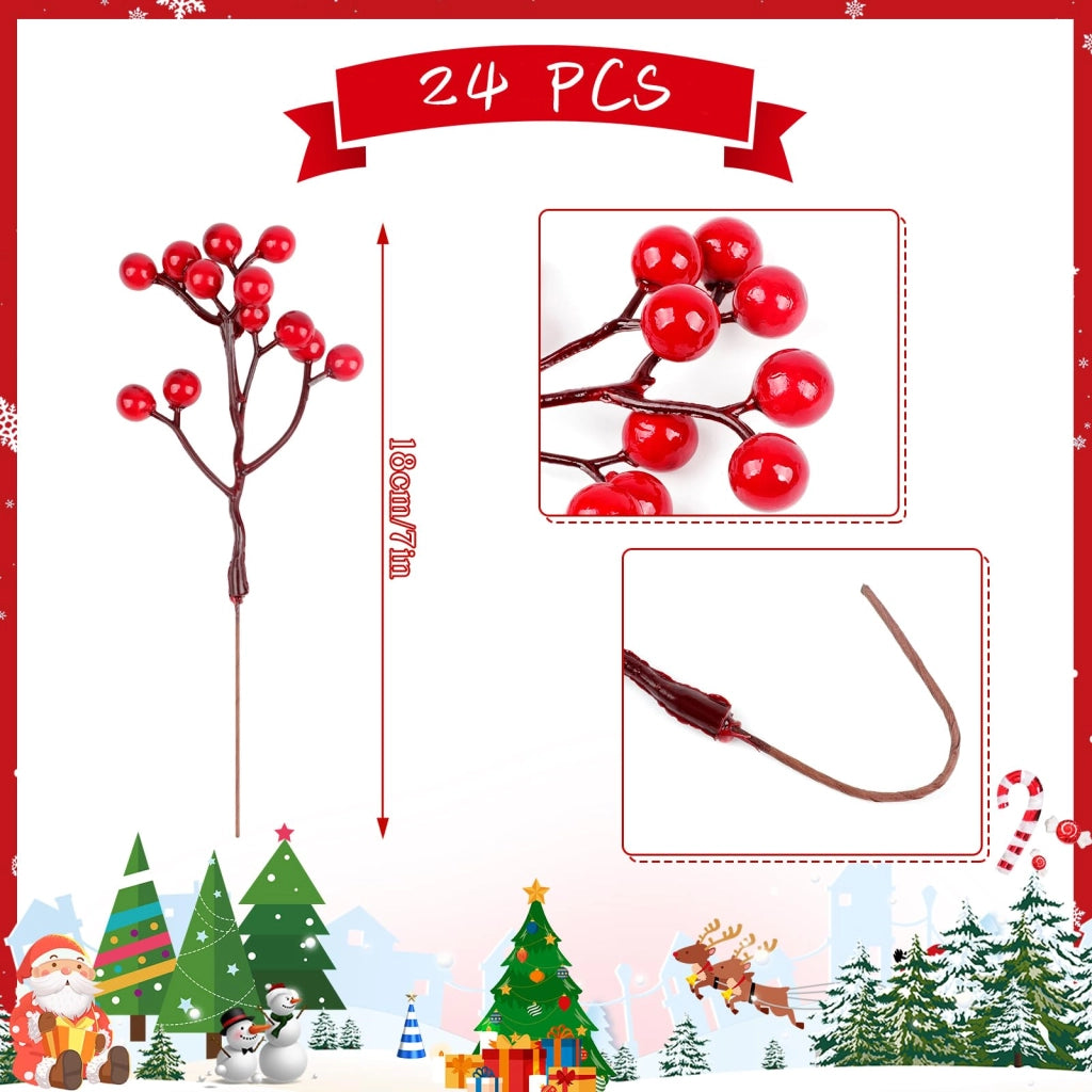 Rami artificiali con bacche rosse, 18 cm, confezione da 24 pezzi, decorazioni natalizie