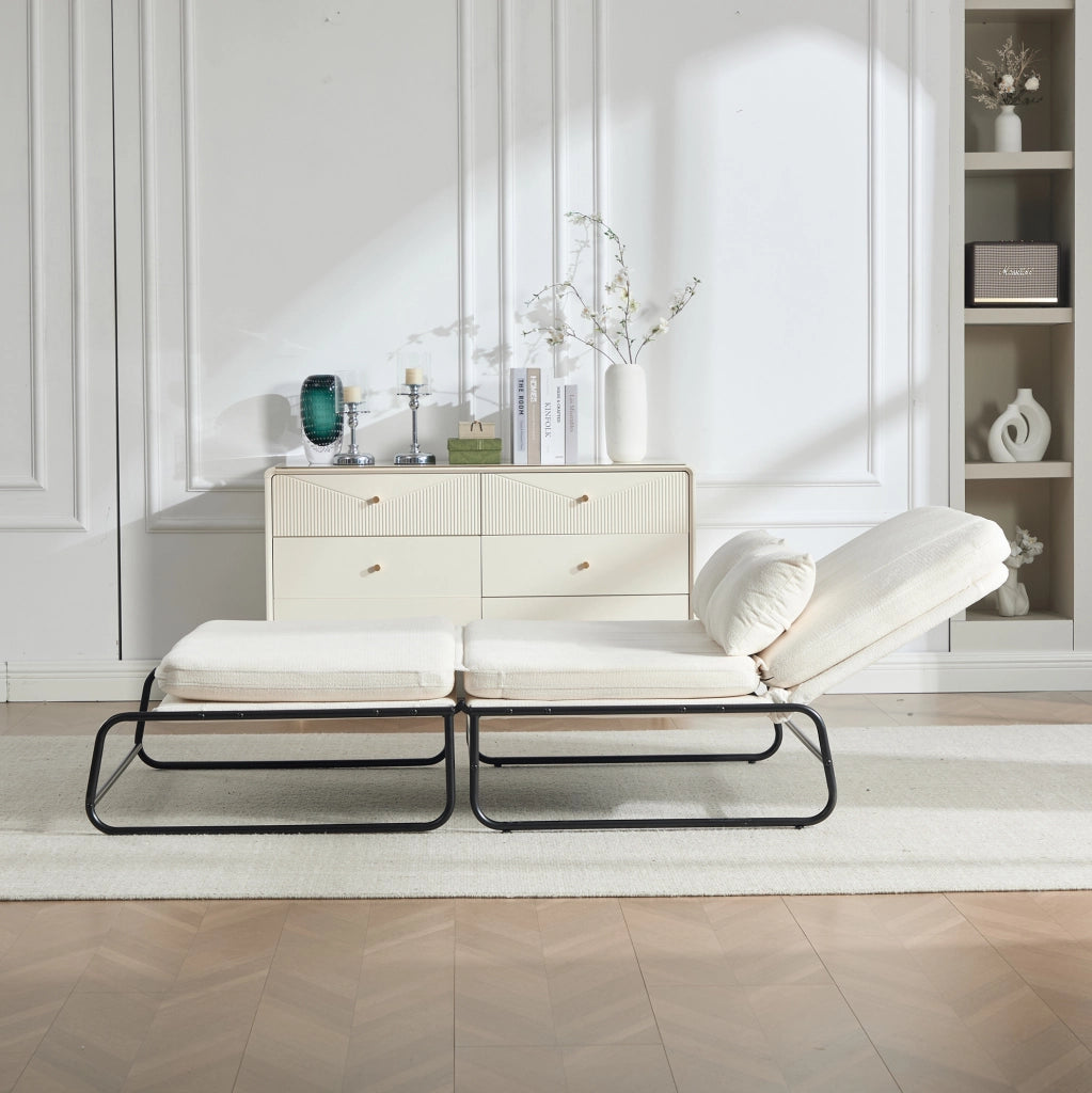 Divano letto a due posti in ciniglia beige con tasche laterali