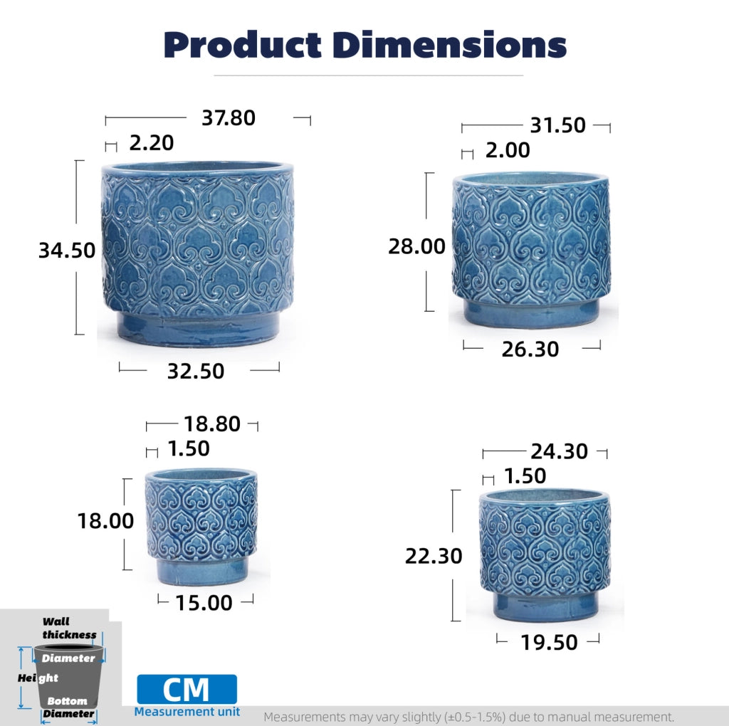 Vaso in ceramica blu Ø 19 cm con rilievo floreale