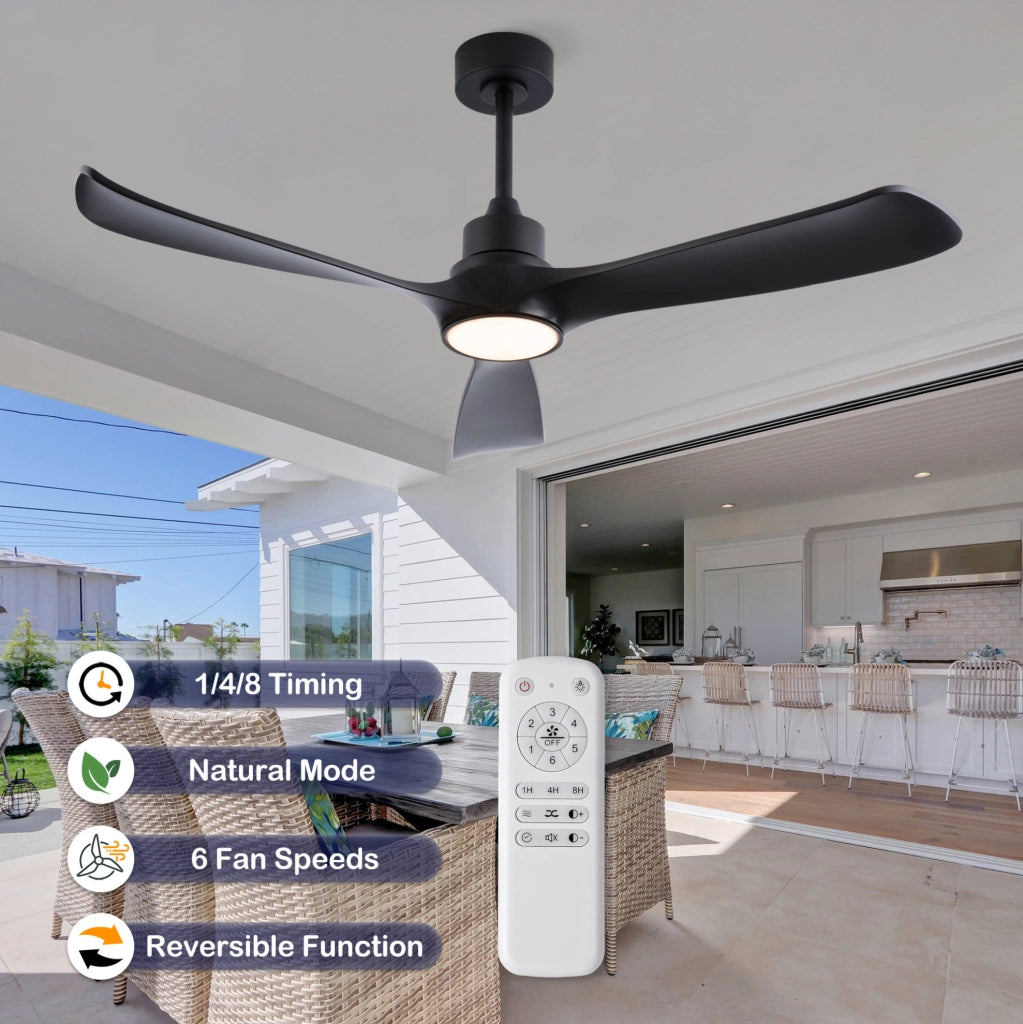 Ventilatore da soffitto 52 pollici con luce LED; telecomando e motore DC reversibile nero