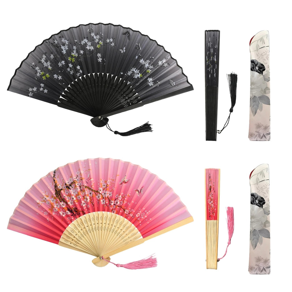 Ventagli in bambù e seta, set da 2, eleganti, diametro 38 cm