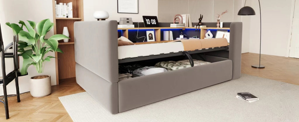 Divano Letto Singolo 90x190 cm con Contenitore Idraulico, LED e Prese, Tessuto Scuro