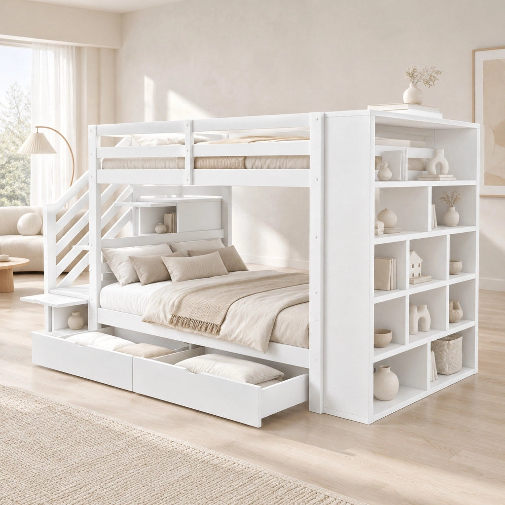 Letto a castello 90x200 bianco in pino con contenitori e 2 materassi
