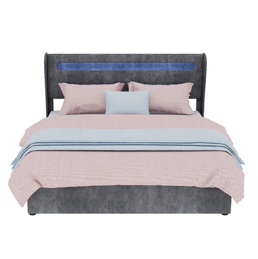 Letto imbottito grigio 160 x 200 cm con illuminazione regolabile