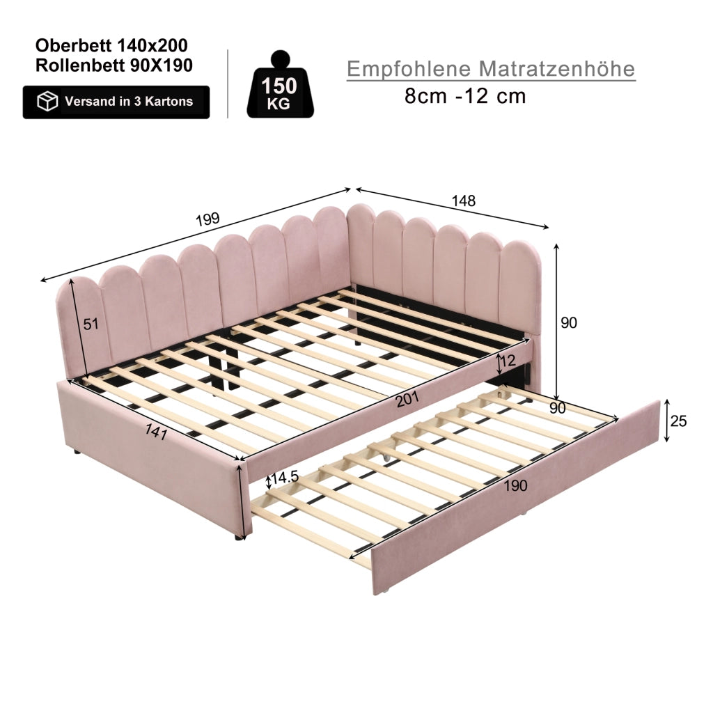 Letto estraibile imbottito a L 140 × 200 cm in velluto rosa con schienale a forma di petalo e rete a doghe