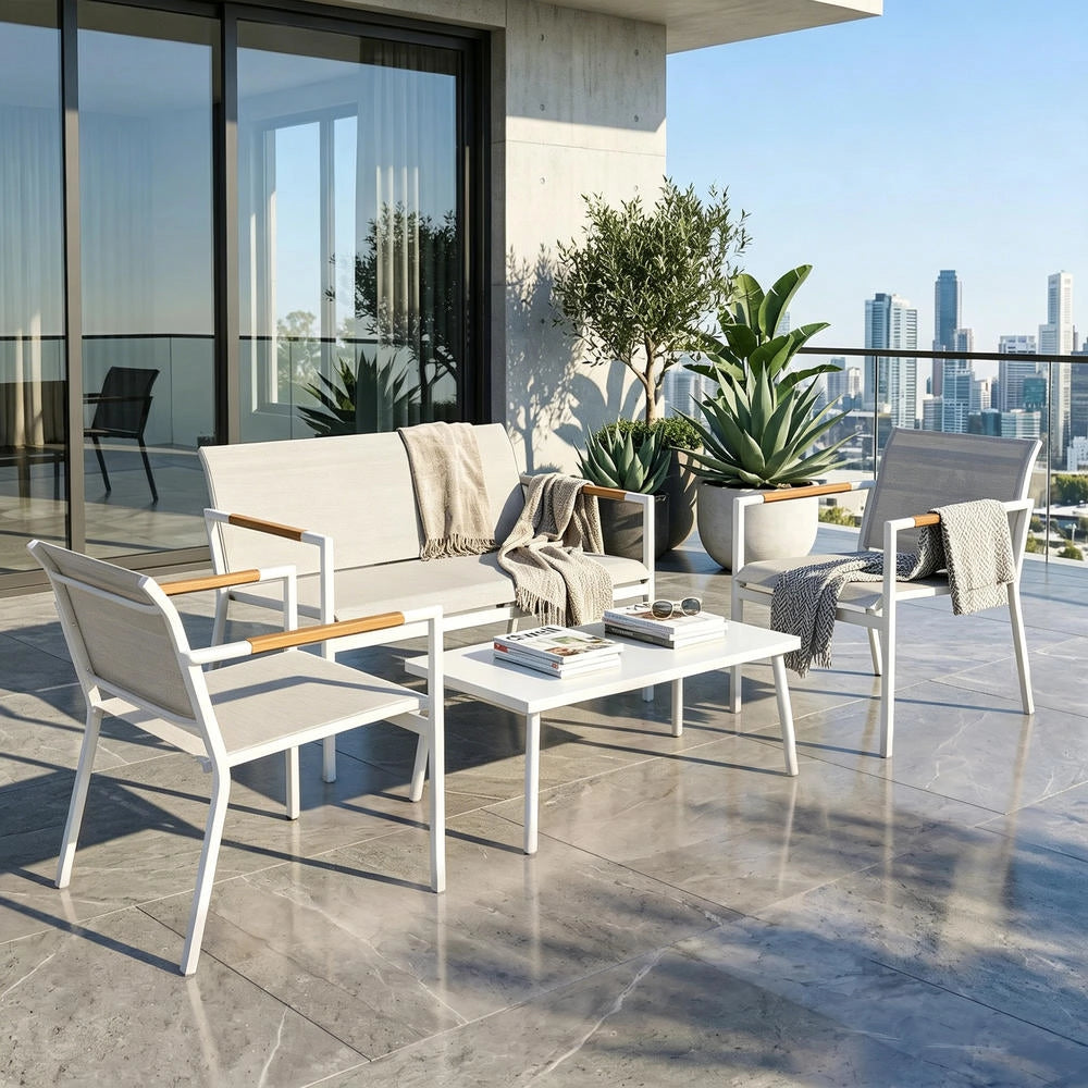 Set Salotto da Giardino 4 Posti con Divano 2 Posti 2 Poltrone e Tavolino in Metallo per Terrazzo e Giardino Robusto e Traspirante