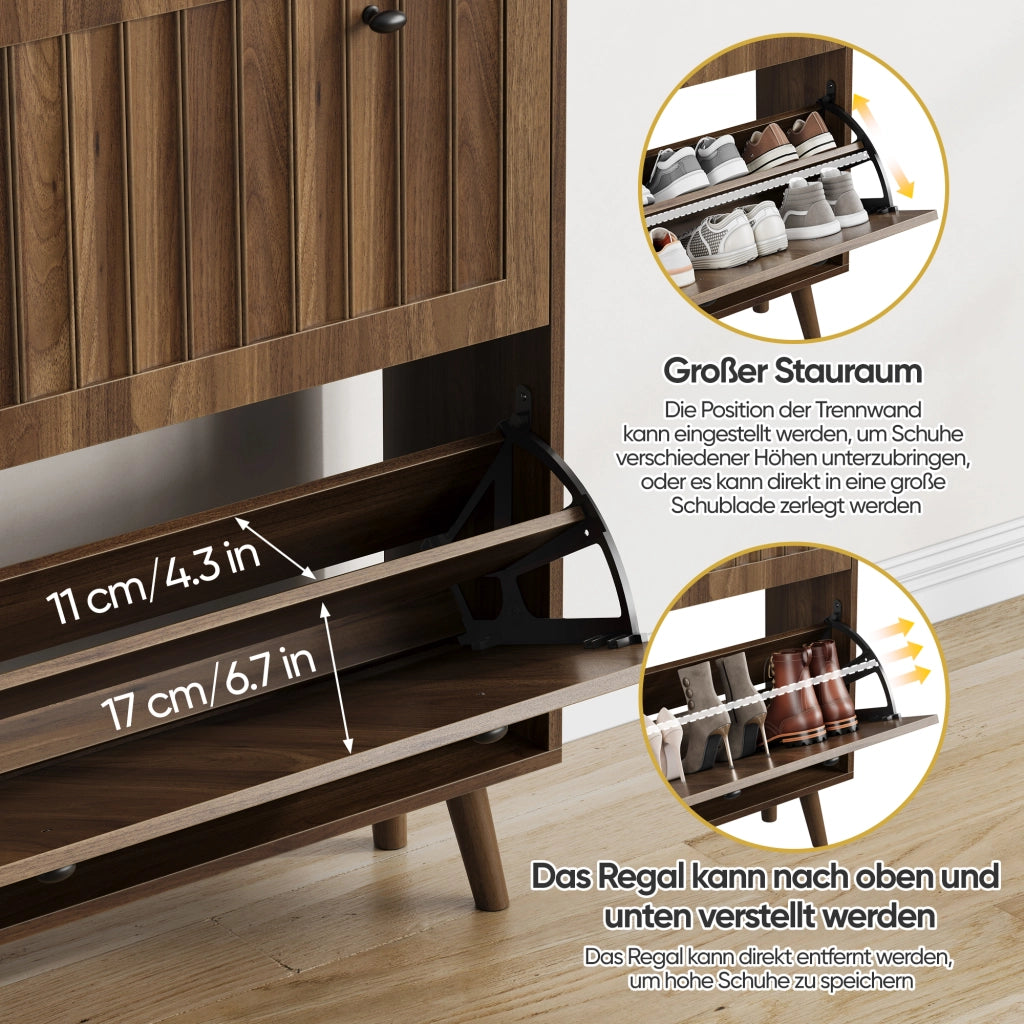Scarpiera 80 × 24 × 95 cm con 2 ante a ribalta e ripiano aperto in MDF e truciolare color noce con gambe in legno